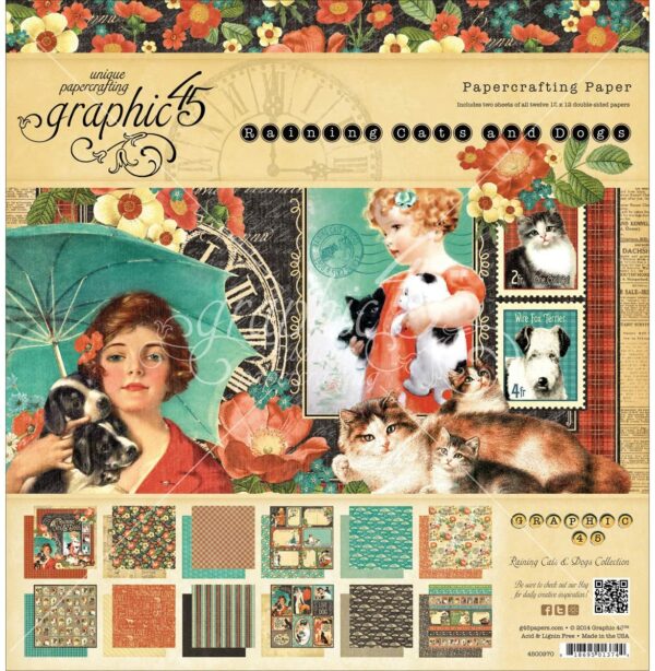 Graphic 45 - 12x12 - Raining cats and dogs + chipboard og límmiðar