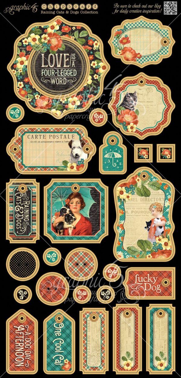 Graphic 45 - 12x12 - Raining cats and dogs + chipboard og límmiðar - Image 3