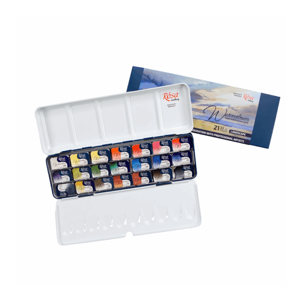 21 Watercolours set LANDSCAPE ROSA Gallery pans in metal case